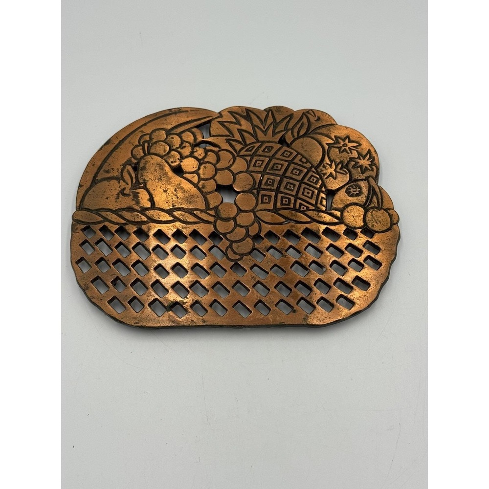 Vintage Cast Iron Copper-tone Fruit Basket Metal Trivet Wall Hanger Himark 1983